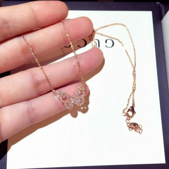 S925 Rose Gold Simulated Diamond Butterfly Necklace - Picture 4 of 8